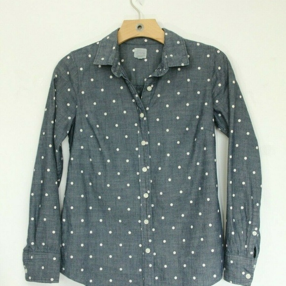 J Crew Chambray Classic Button Down polka dot Top - Picture 3 of 4